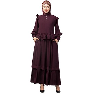 Frill abaya with double sleeves design- wine color